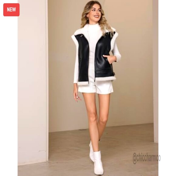 Faux Fur Leather Vest, Sherpa Lined, Winter Warm Sleeveless Jacket - Picture 3 of 7
